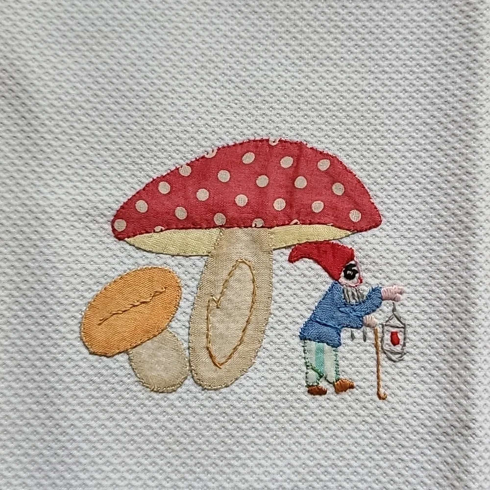 Antique Baby Bib Hand Embroidered Gnome & Mushroom